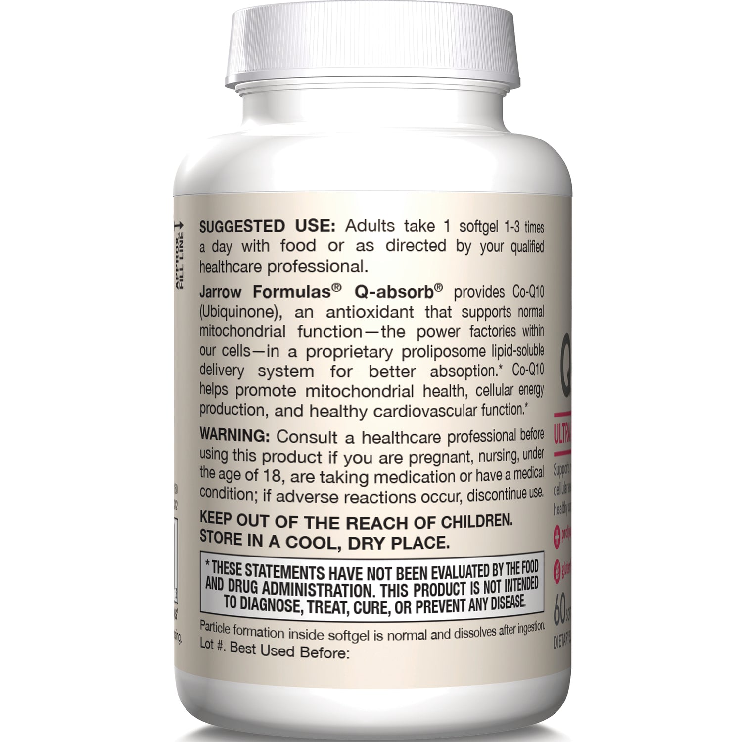 JR037 | Back label of supplement bottle showing suggested use, warnings, storage instructions, and disclaimer text