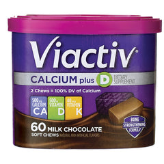MCN009 | Viactiv Calcium plus D 60-count milk chocolate soft chews tub front showing label and nutrient icons