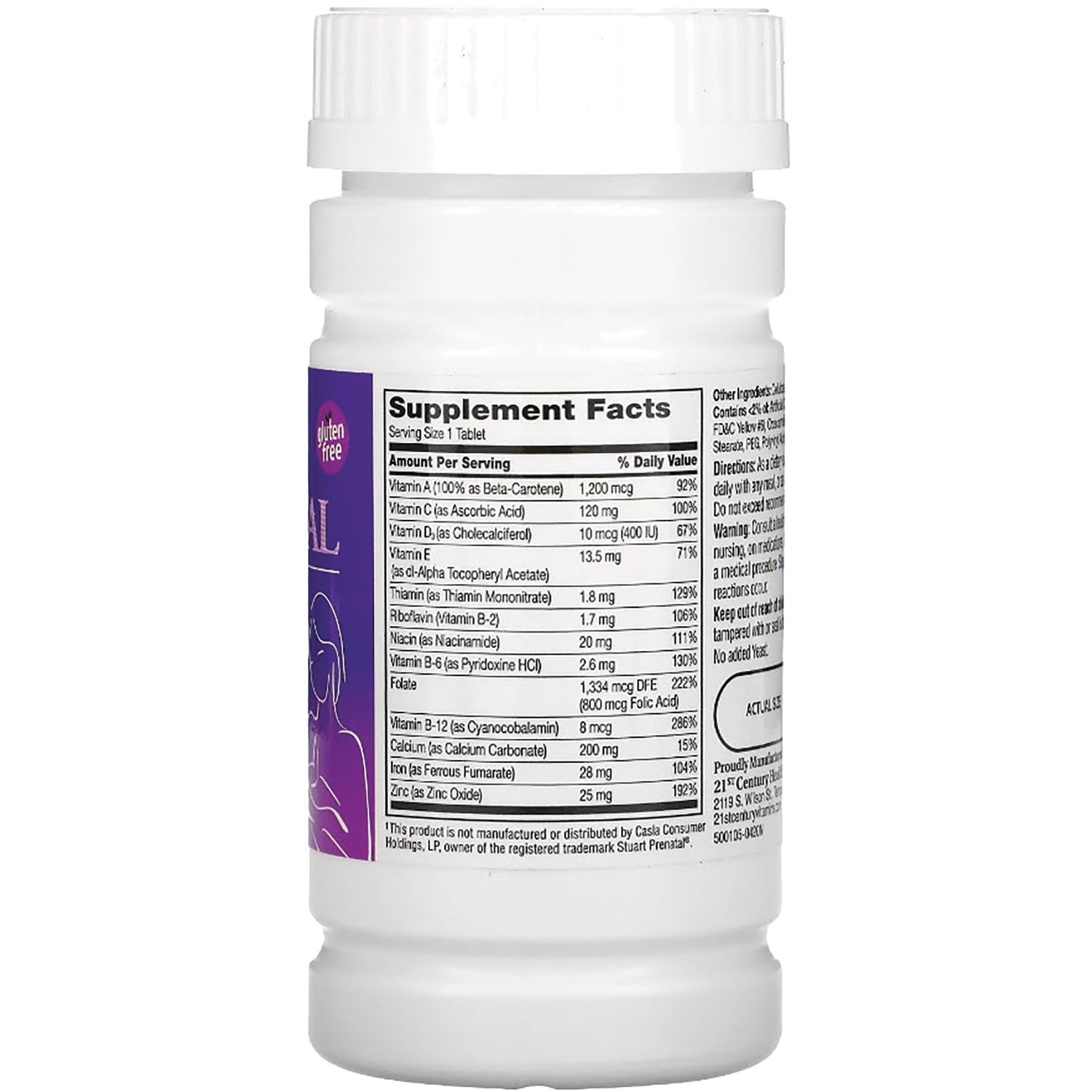 CNT213 | back of white supplement bottle showing supplement facts panel and purple side label reading gluten free
