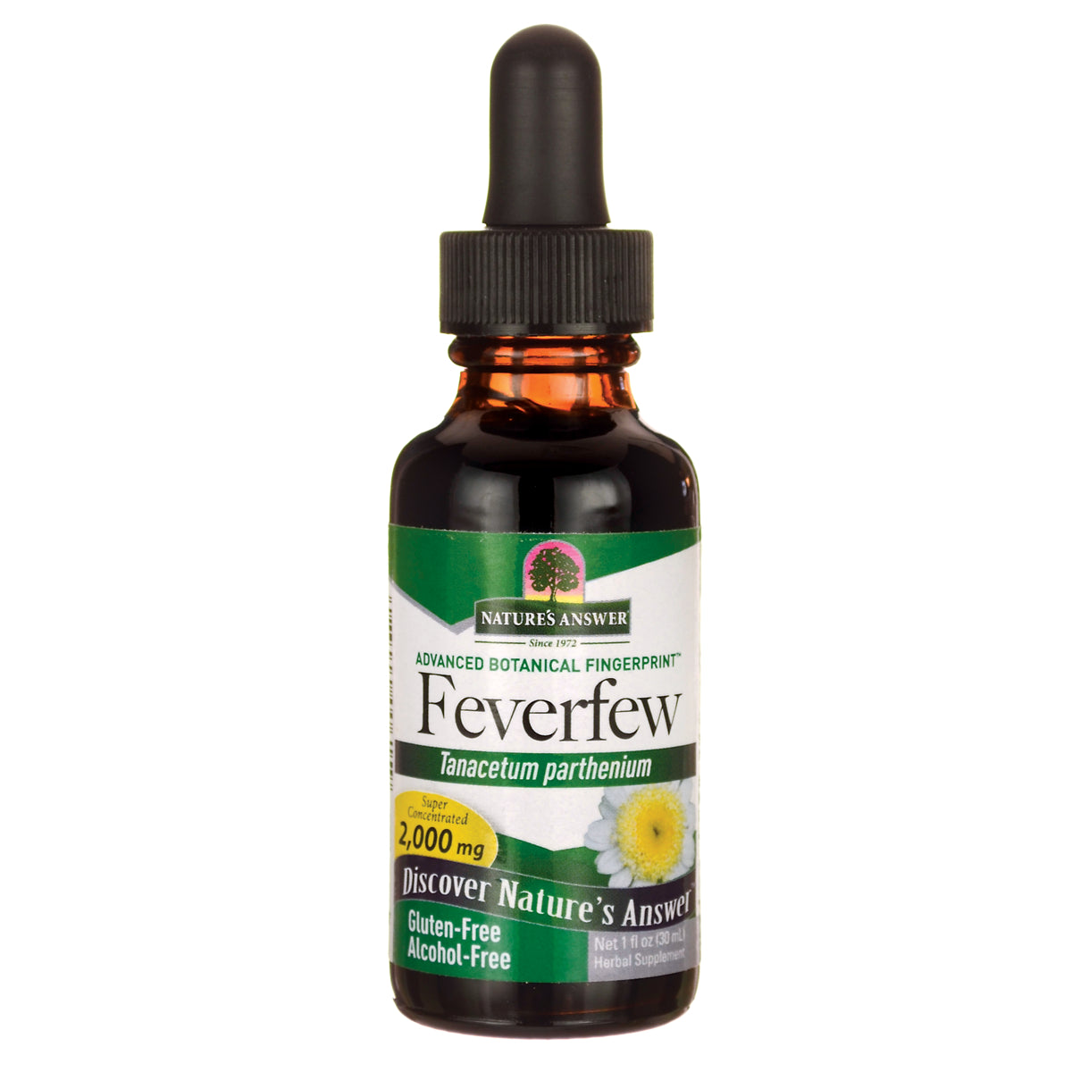 NAT127 | Amber dropper bottle labeled Feverfew Tanacetum parthenium 2,000 mg, gluten-free alcohol-free