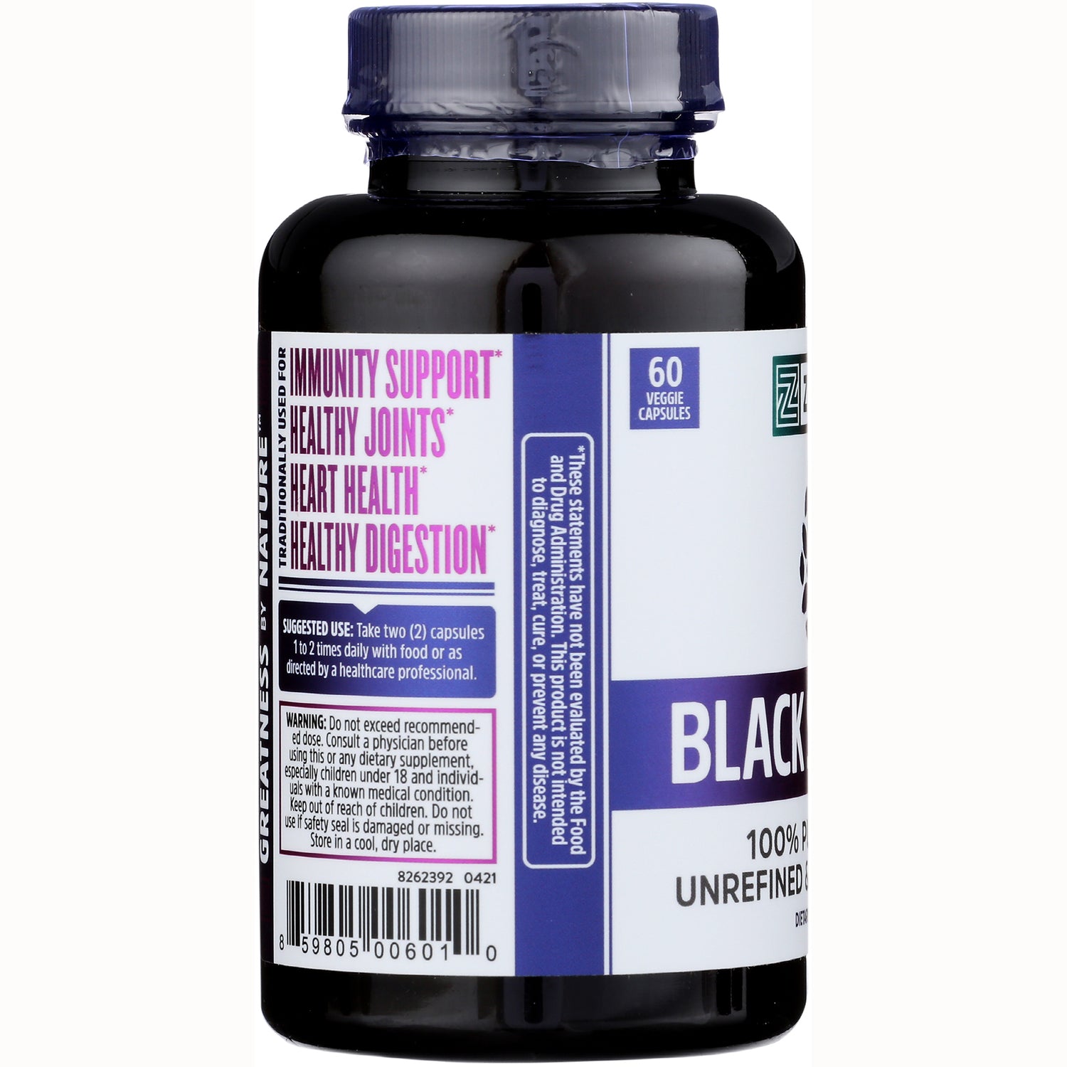 ZOU001 | Bottle side panel with benefits: Immunity Support, Healthy Joints, Heart Health, Healthy Digestion; 60 veggie capsules