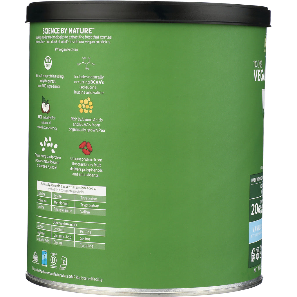 CRL603 | Back of green protein powder can showing ingredient icons and an amino acid table - Thumbnail