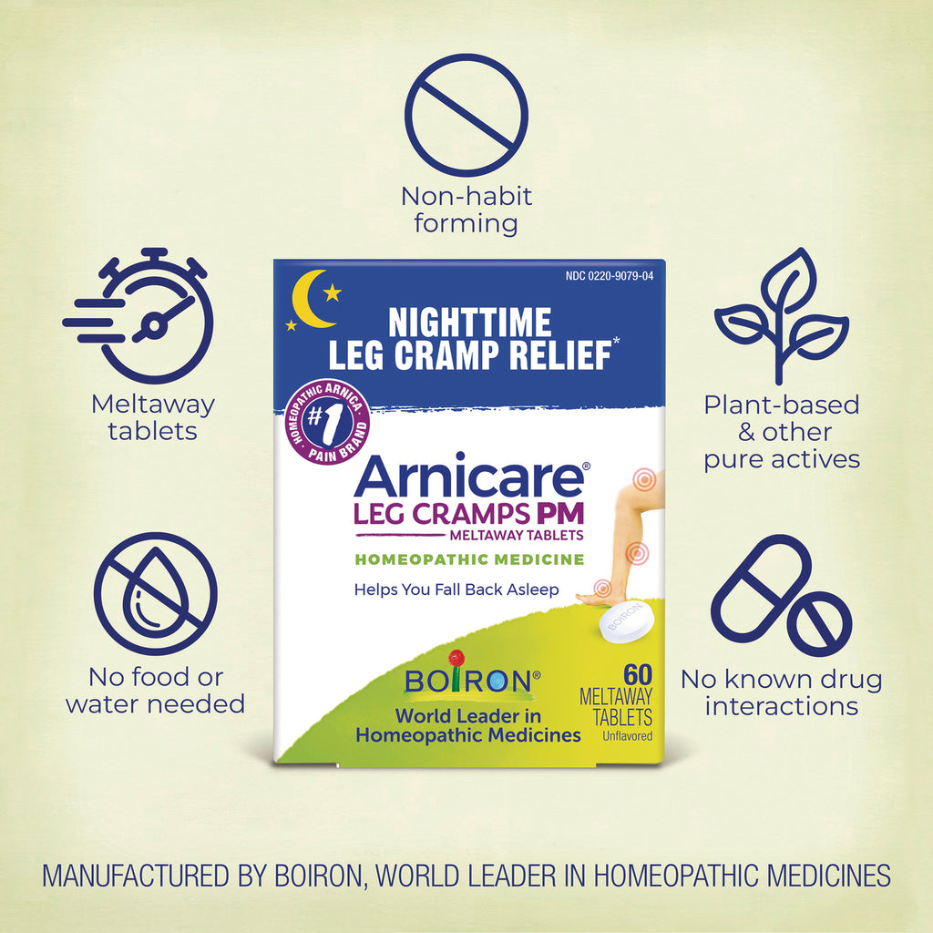 BRN135 | Back packaging of Arnicare Leg Cramps PM box with icons for meltaway tablets, non-habit forming, plant-based, no food or water, no drug interactions - Thumbnail