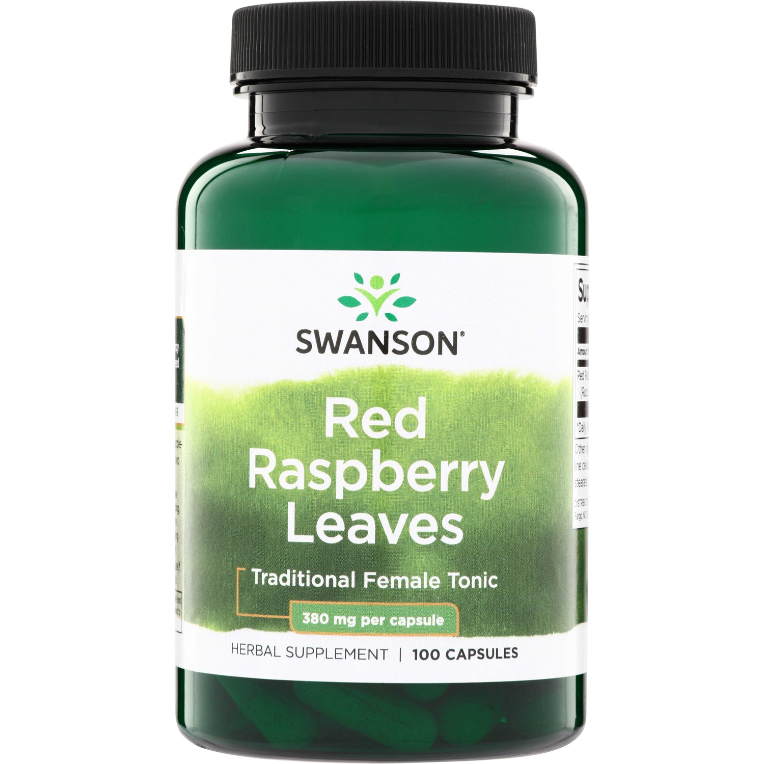 SW951 | Swanson Red Raspberry Leaves herbal supplement bottle, Traditional Female Tonic, 380 mg per capsule, 100 capsules