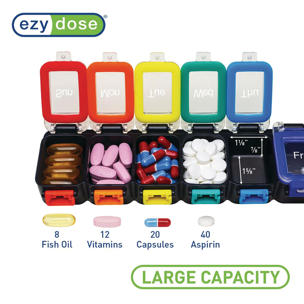 APP10 | Ezy Dose large-capacity weekly pill organizer infographic with pill capacity and size guide - Thumbnail