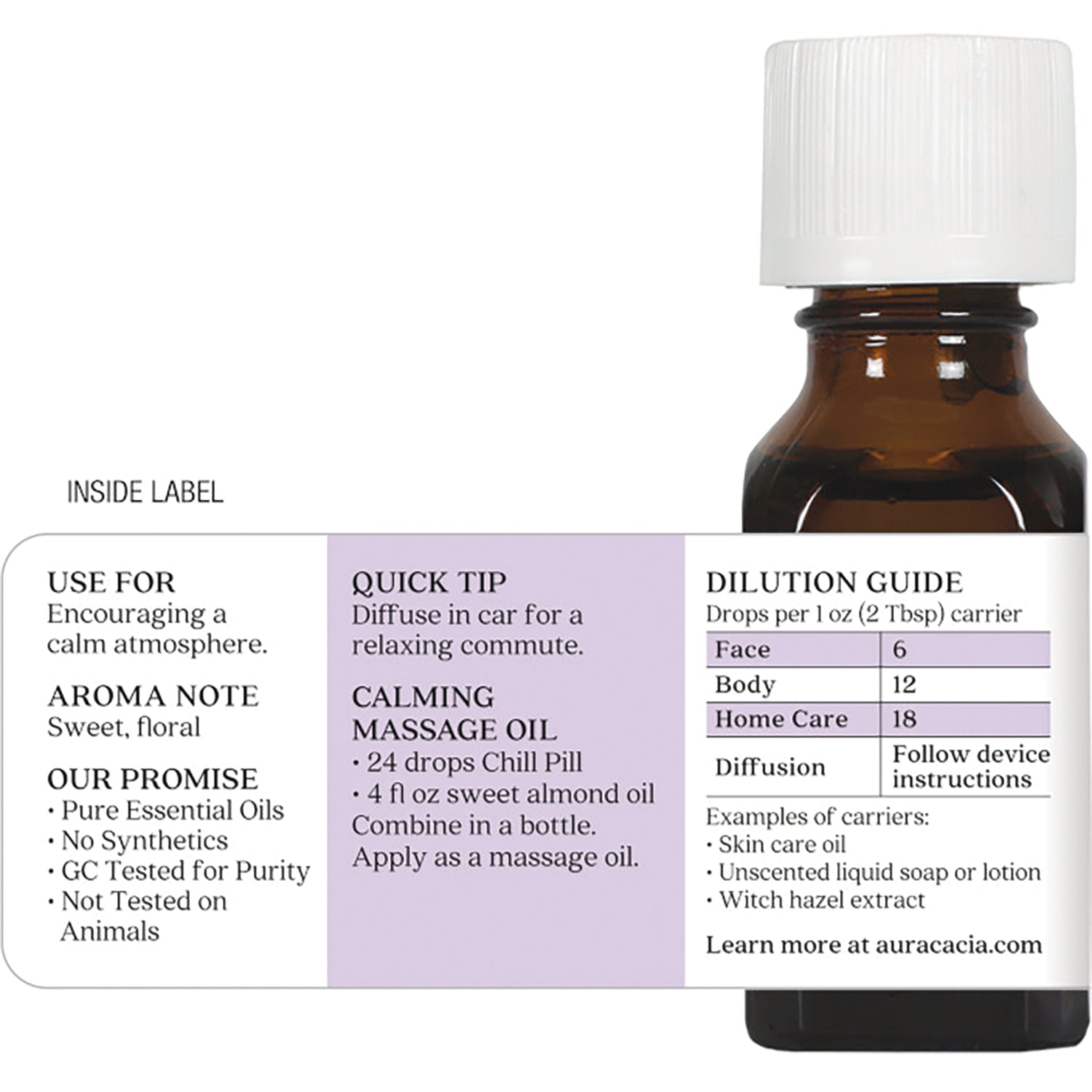 ARC044 | Back label of amber essential oil bottle showing dilution guide, calming massage oil recipe and usage notes