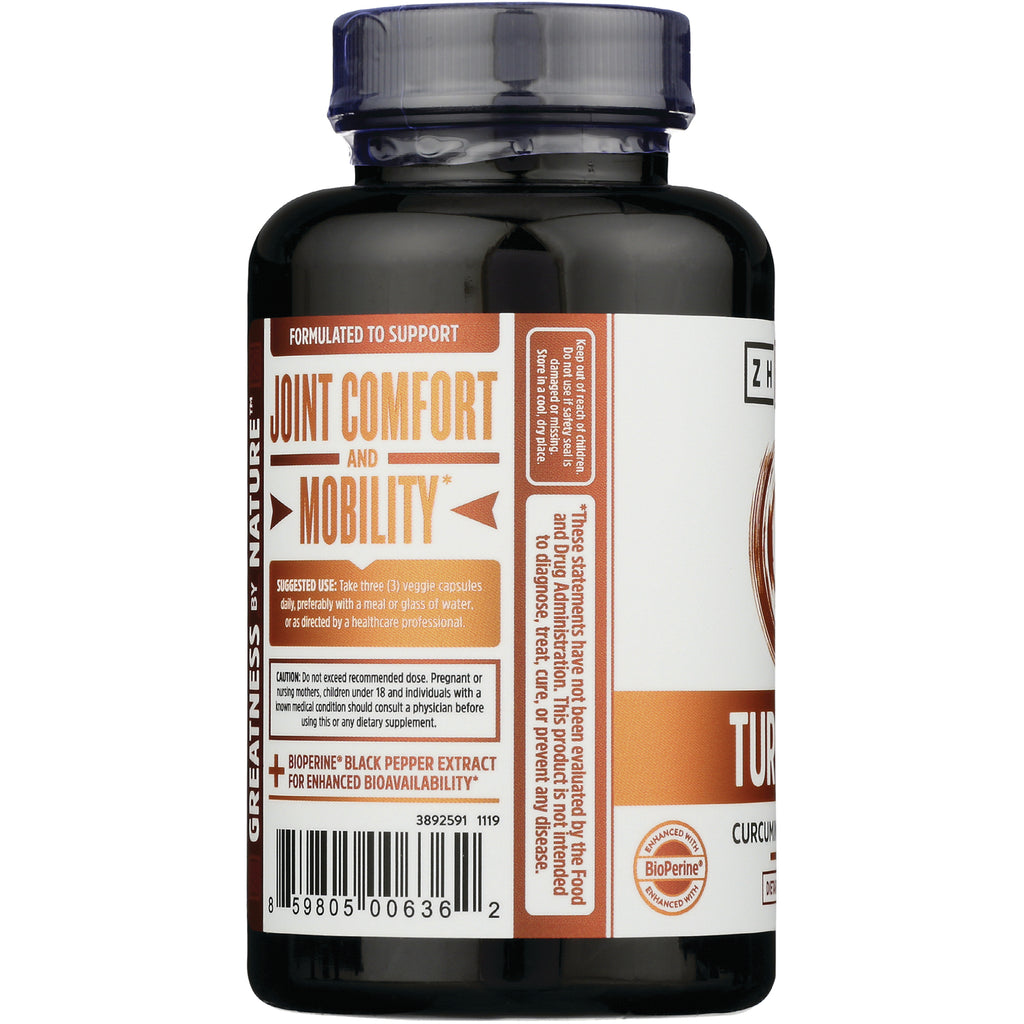 ZOU017 | Back label of turmeric supplement bottle with Joint Comfort and Mobility and BioPerine callouts - Thumbnail
