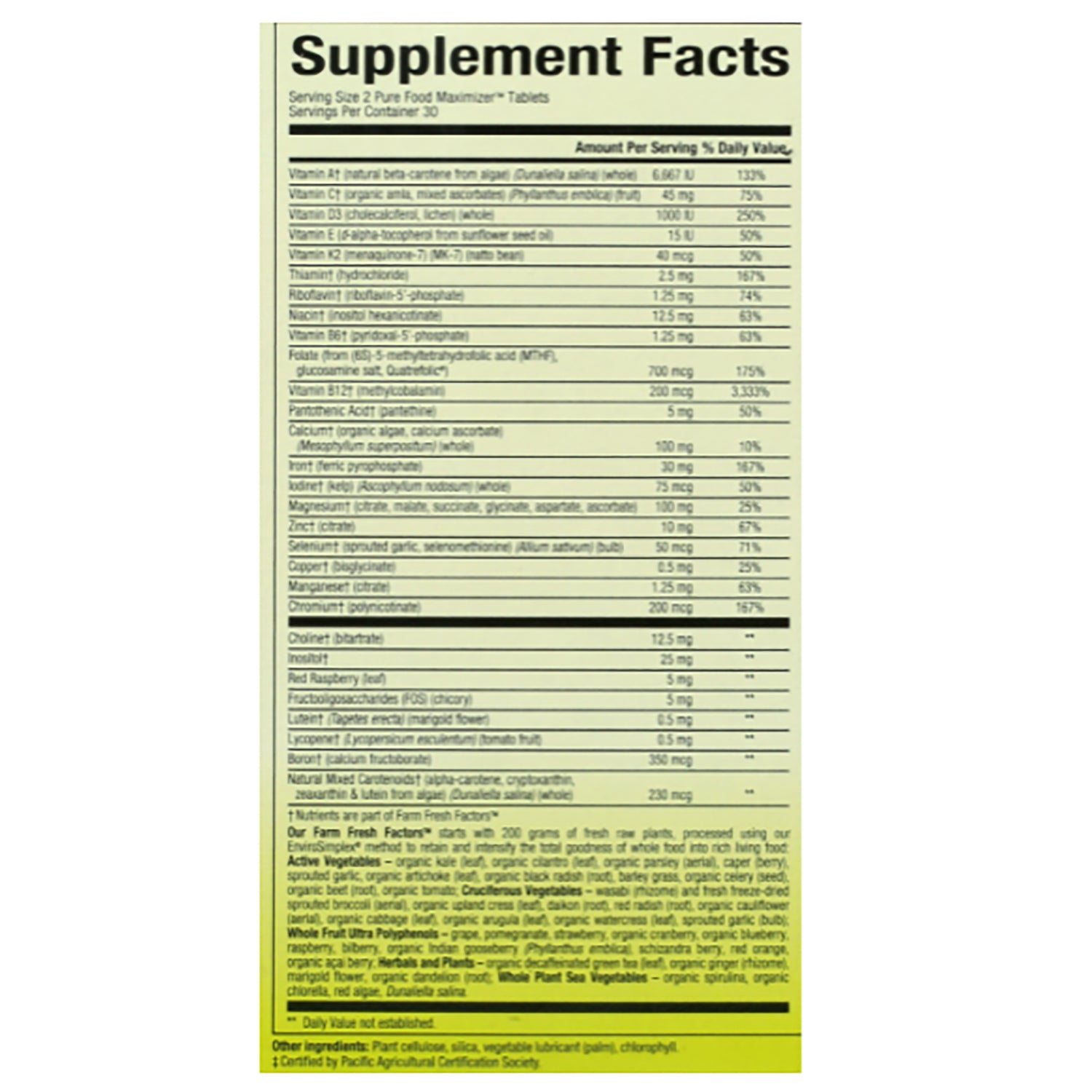 NFC192 | Supplement Facts label showing vitamins, minerals, amounts per serving and other ingredients