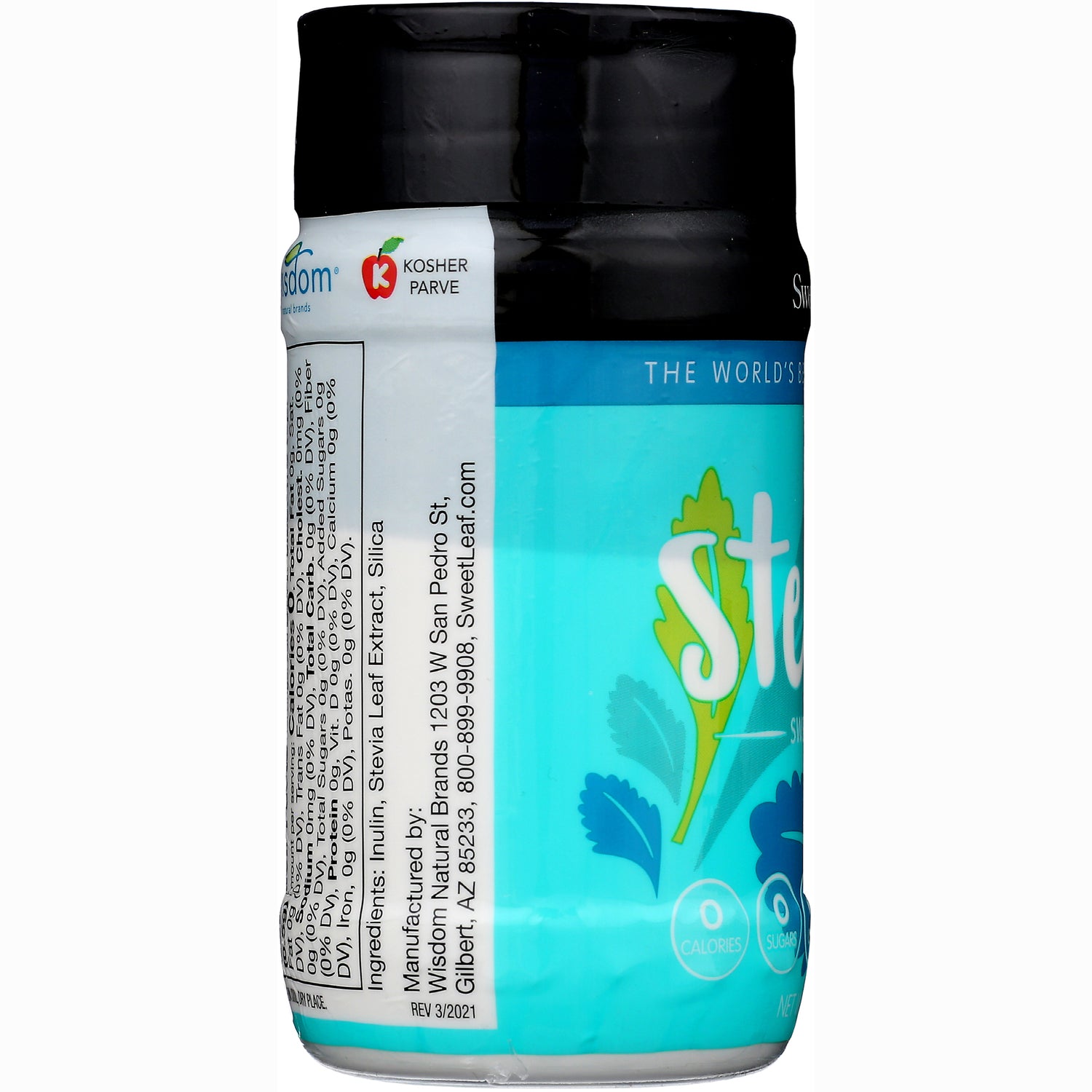 WA021 | Back of SweetLeaf Stevia shaker with ingredients panel, Kosher Parve icon, and 0 calories 0 sugar callouts