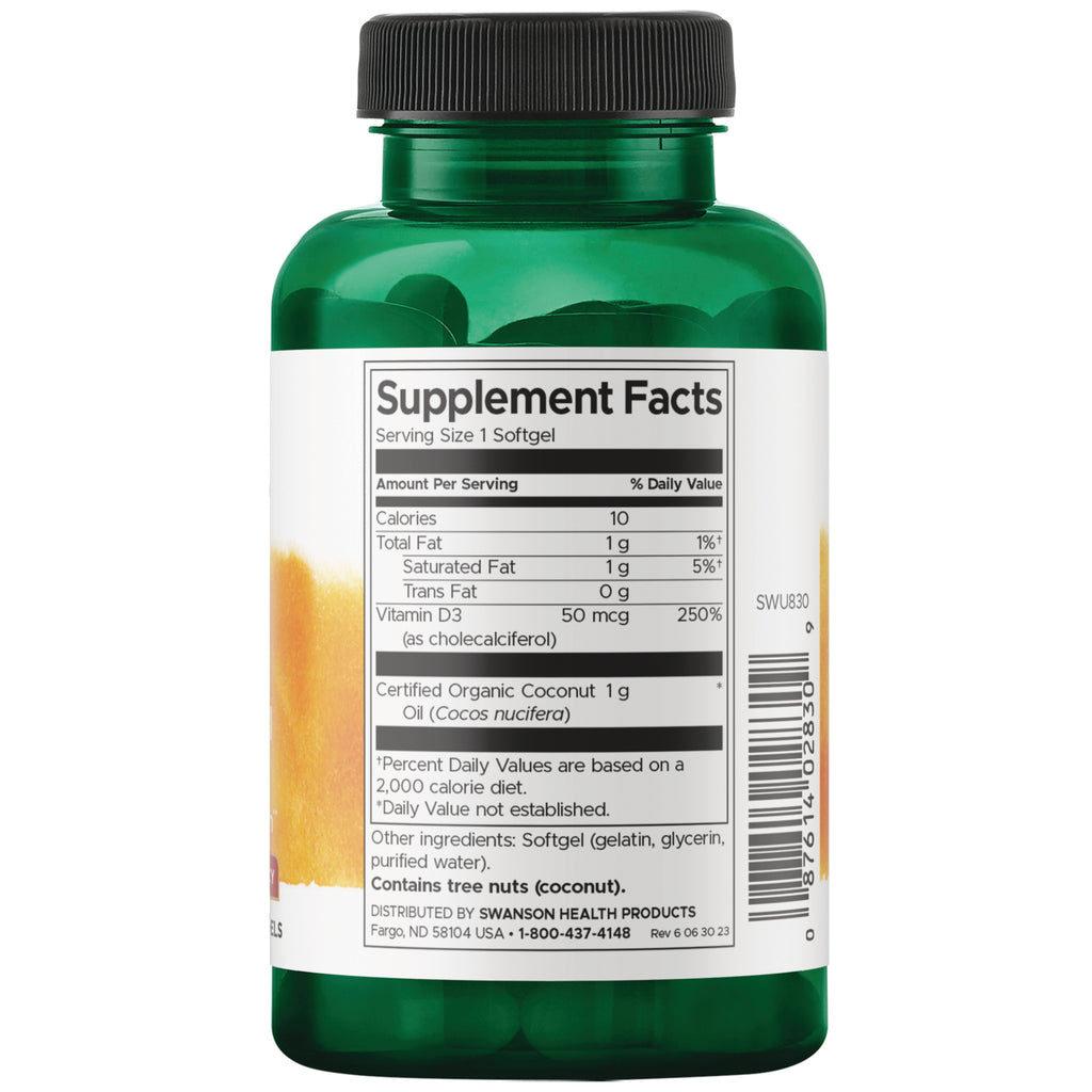 SWU830 | Supplement Facts panel showing Vitamin D3 50 mcg (250% DV), 1 softgel serving size - Thumbnail