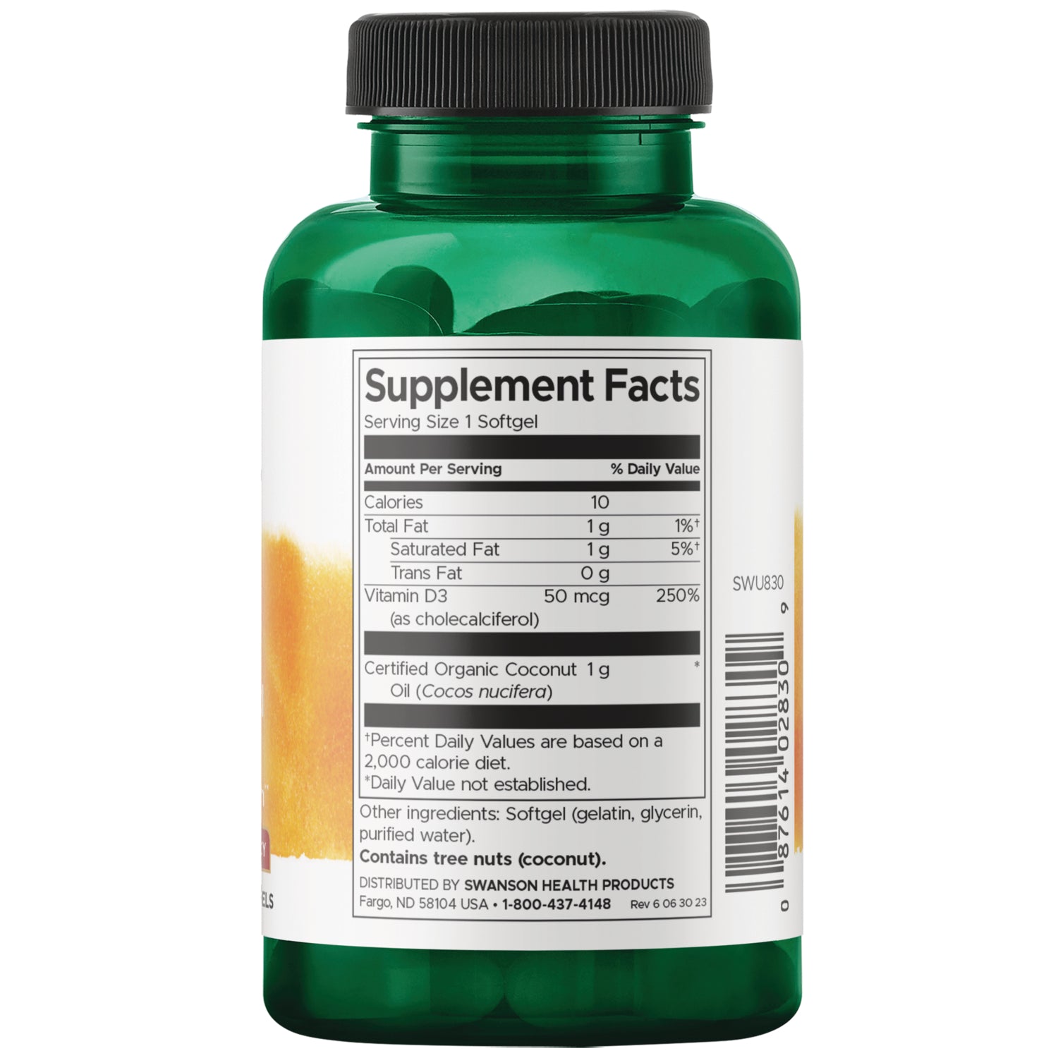 SWU830 | Supplement Facts panel showing Vitamin D3 50 mcg (250% DV), 1 softgel serving size