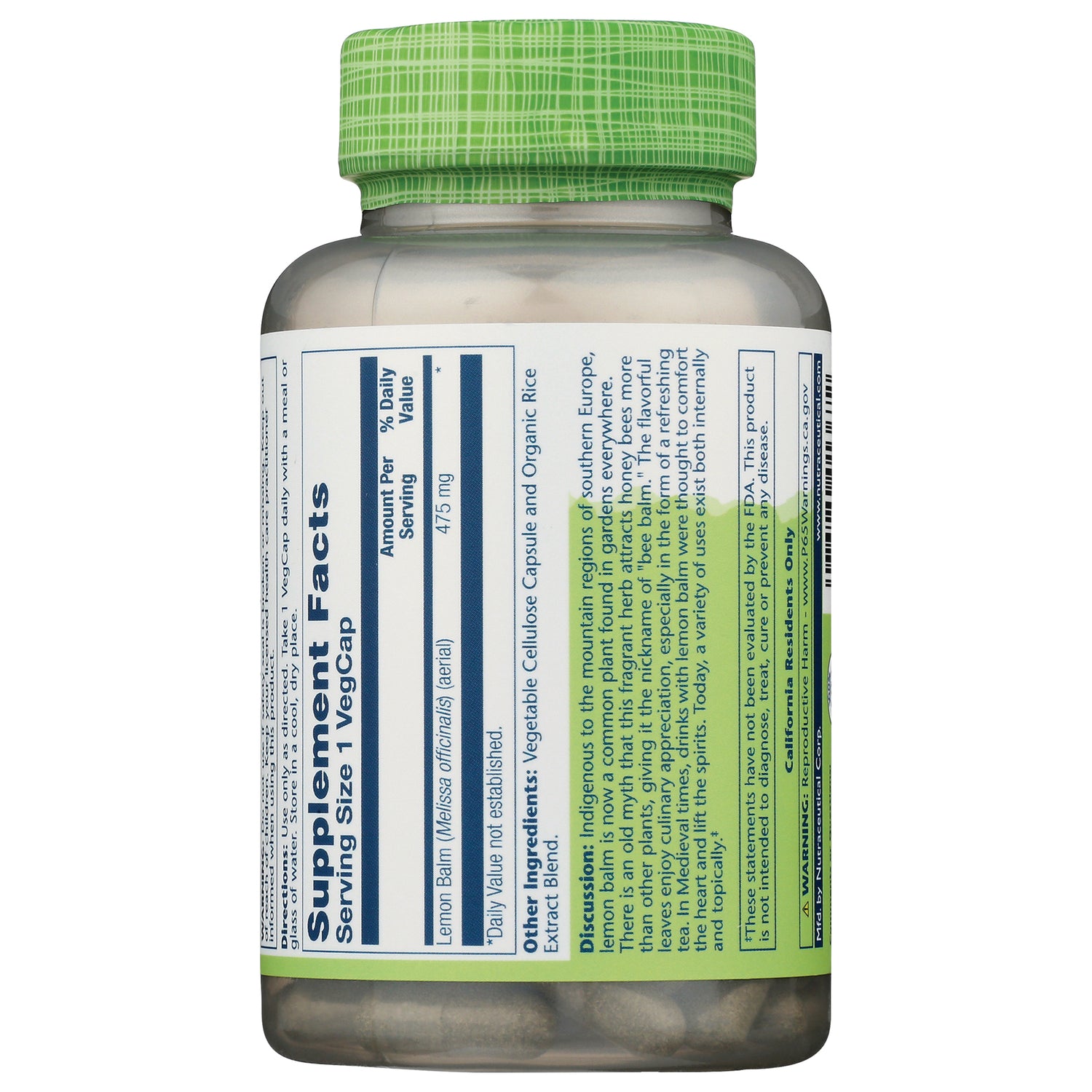 SLR369 | Back of supplement bottle showing Supplement Facts panel, ingredients and usage text, clear bottle with green cap