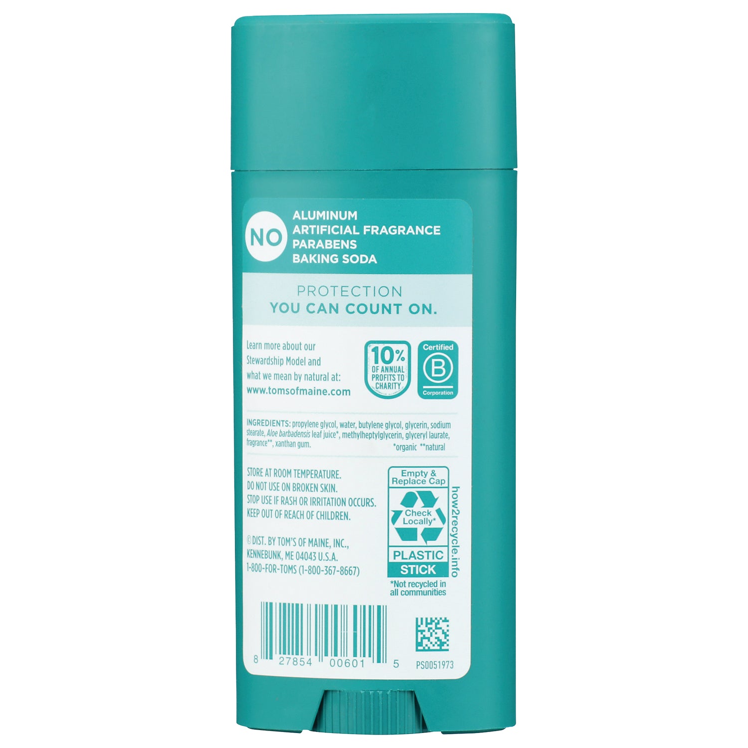 TSM100 | Back of teal deodorant stick; label: No aluminum, artificial fragrance, parabens, baking soda; 10% profits to charity