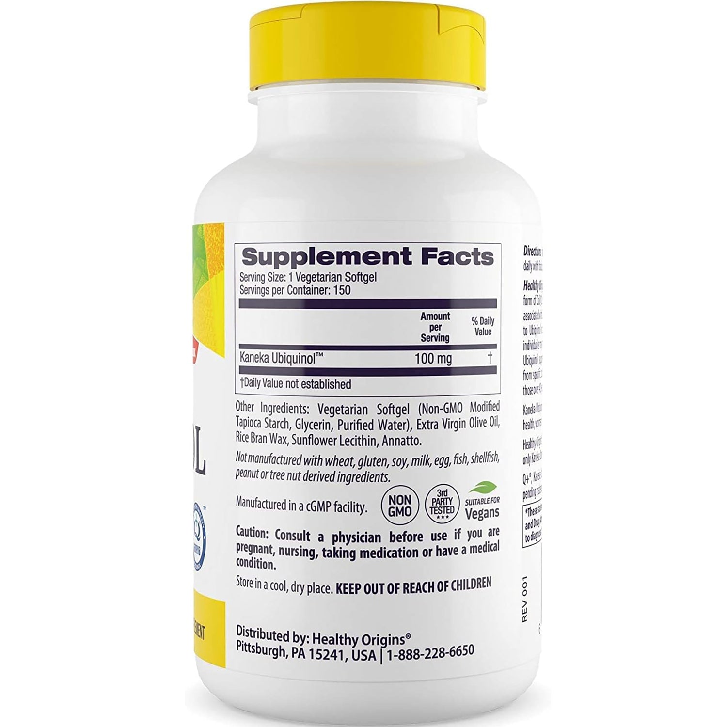 HRG189 | Back of white supplement bottle showing Supplement Facts panel, ingredients list, cautions and manufacturer information