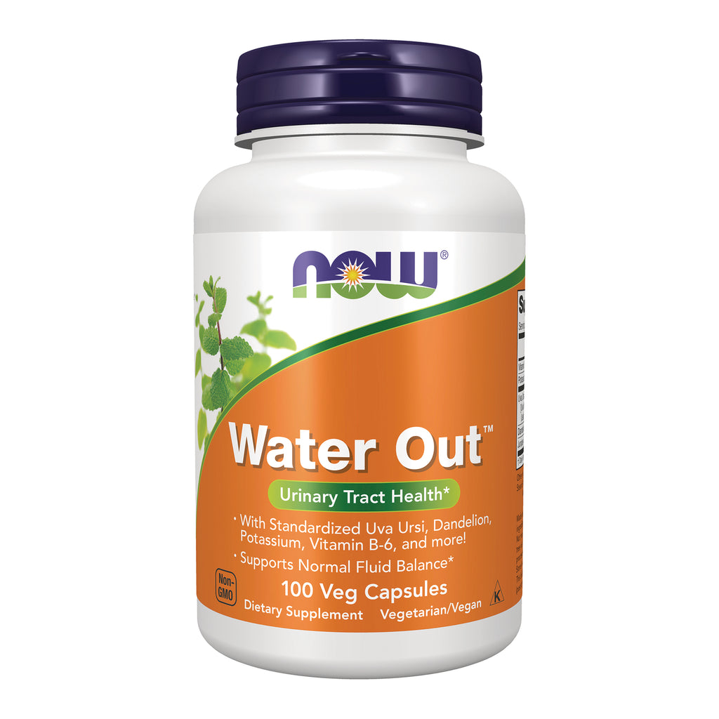 NWF718 | NOW Water Out supplement bottle, orange label reading Water Out and Urinary Tract Health, 100 Veg Capsules - Thumbnail