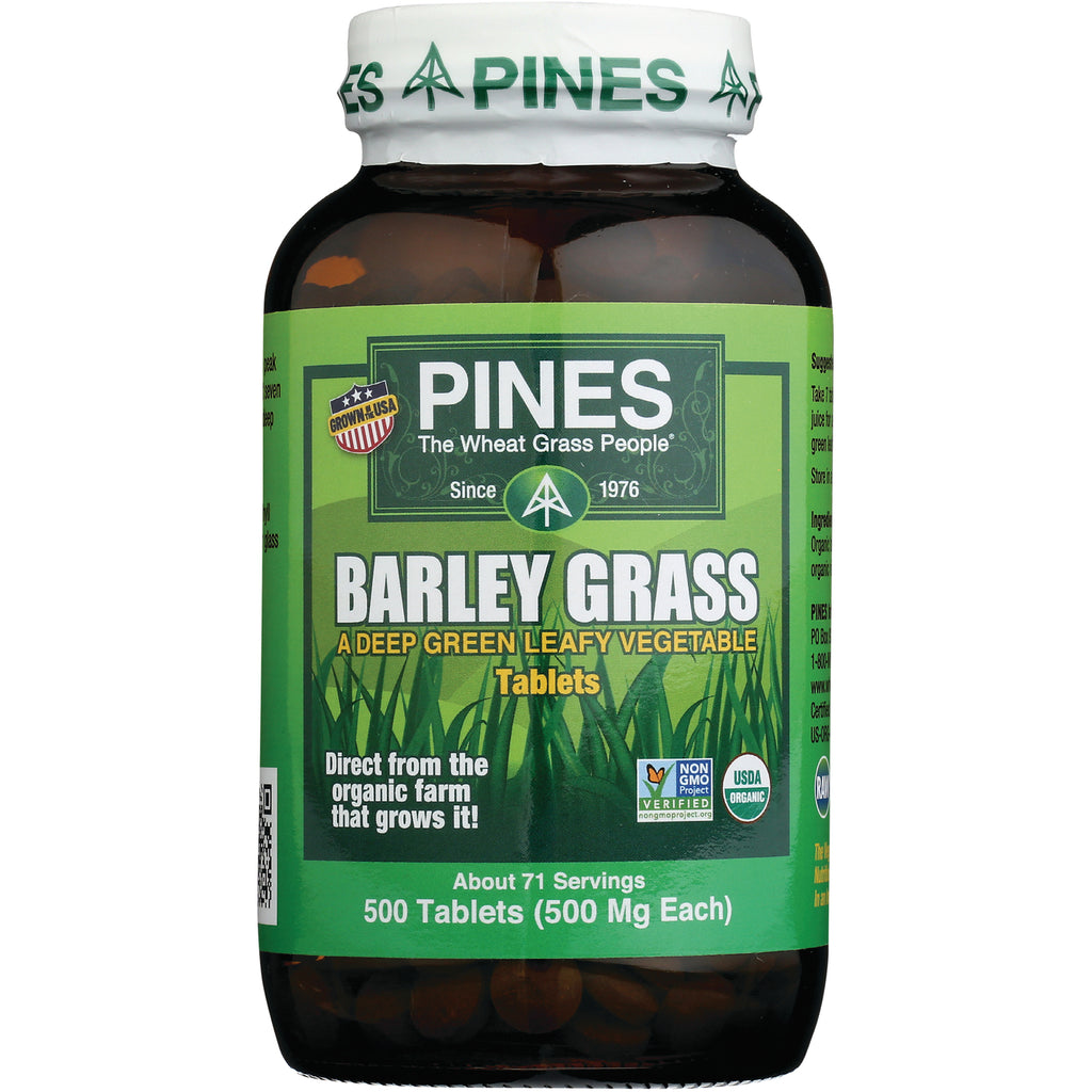 PNN002 | Pines Barley Grass tablets bottle with green label reading BARLEY GRASS and 500 Tablets (500 Mg Each) - Thumbnail