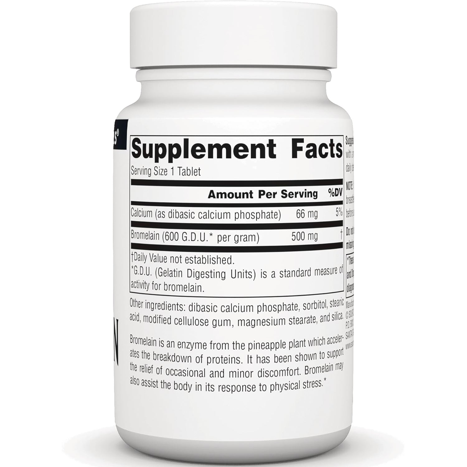 SN685 | Supplement bottle back label with Supplement Facts, serving size 1 tablet, calcium 66 mg and bromelain 500 mg