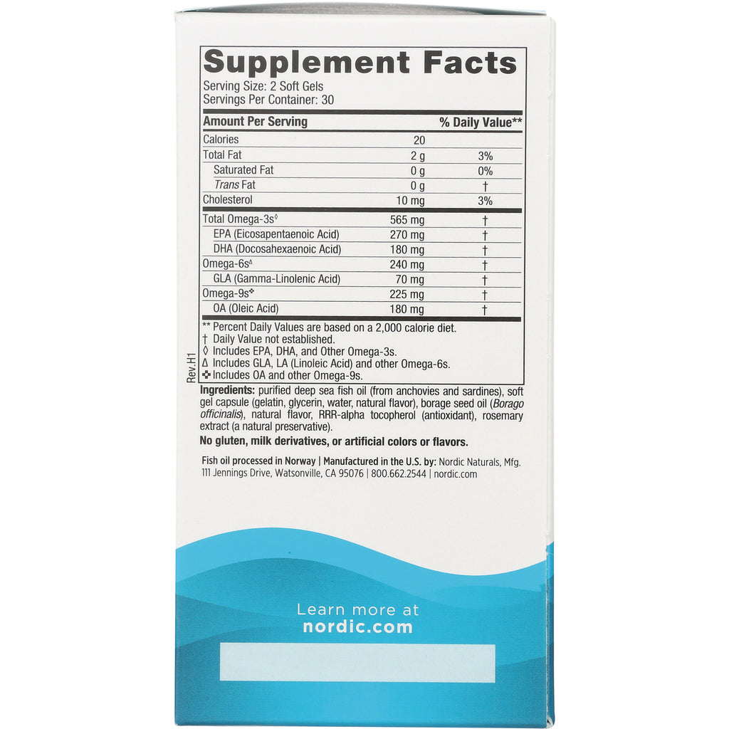 NRN015 | back panel with Supplement Facts, serving size, omega-3 amounts and ingredients on blue and white box - Thumbnail