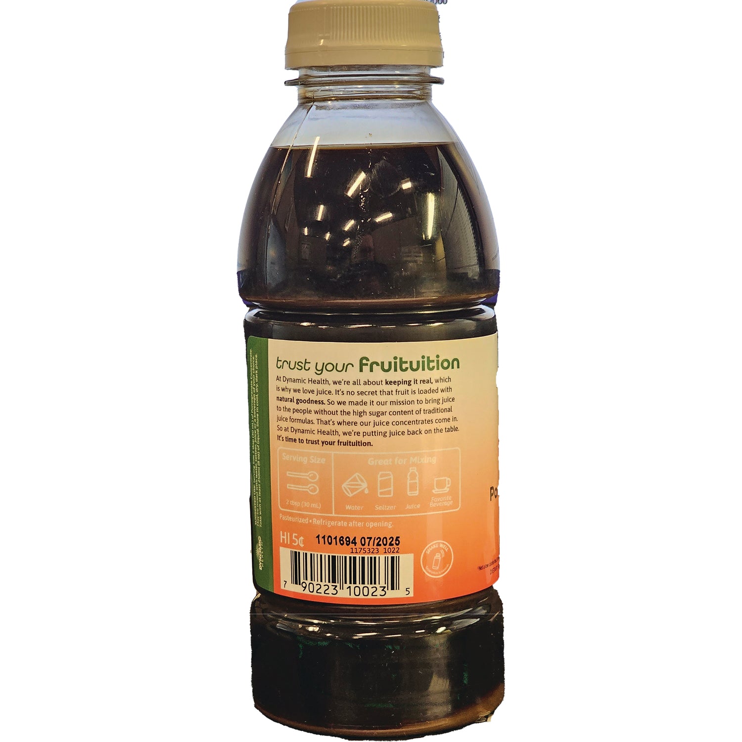 DYH020 | clear plastic bottle back label showing trust your fruituition headline, mixing icons and barcode