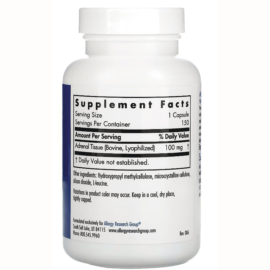ARG046 | Back label showing Supplement Facts  Serving Size 1 Capsule; Adrenal Tissue (Bovine, lyophilized) 100 mg - Thumbnail