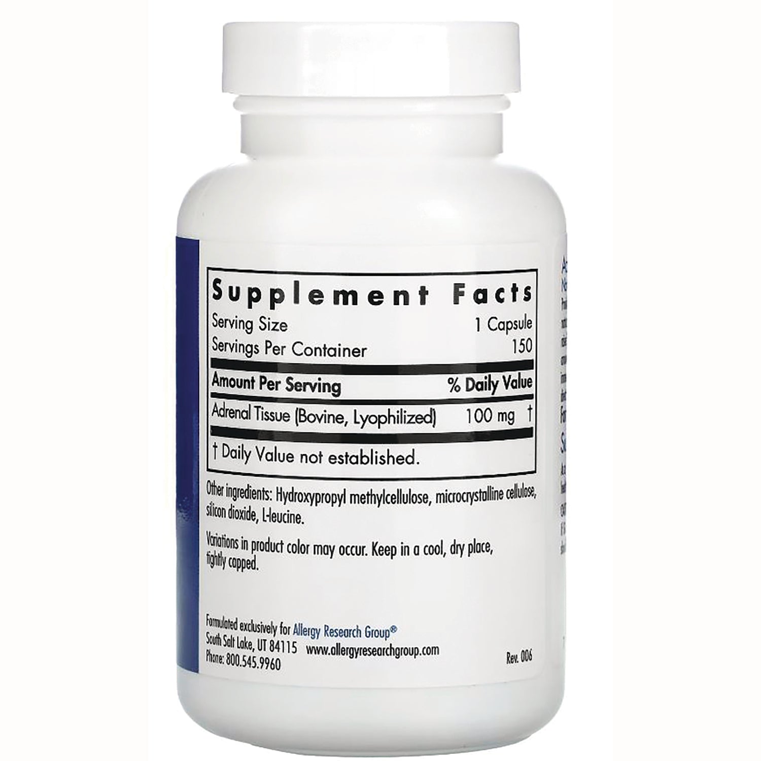 ARG046 | Back label showing Supplement Facts  Serving Size 1 Capsule; Adrenal Tissue (Bovine, lyophilized) 100 mg