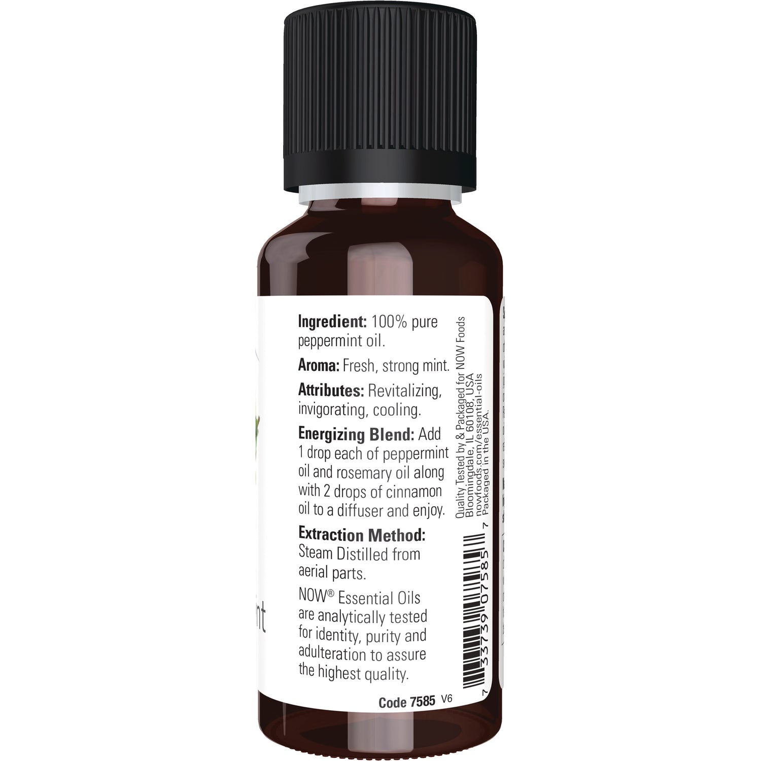 NWF144 | Back label of brown essential oil bottle showing ingredients, energizing blend, extraction method and barcode