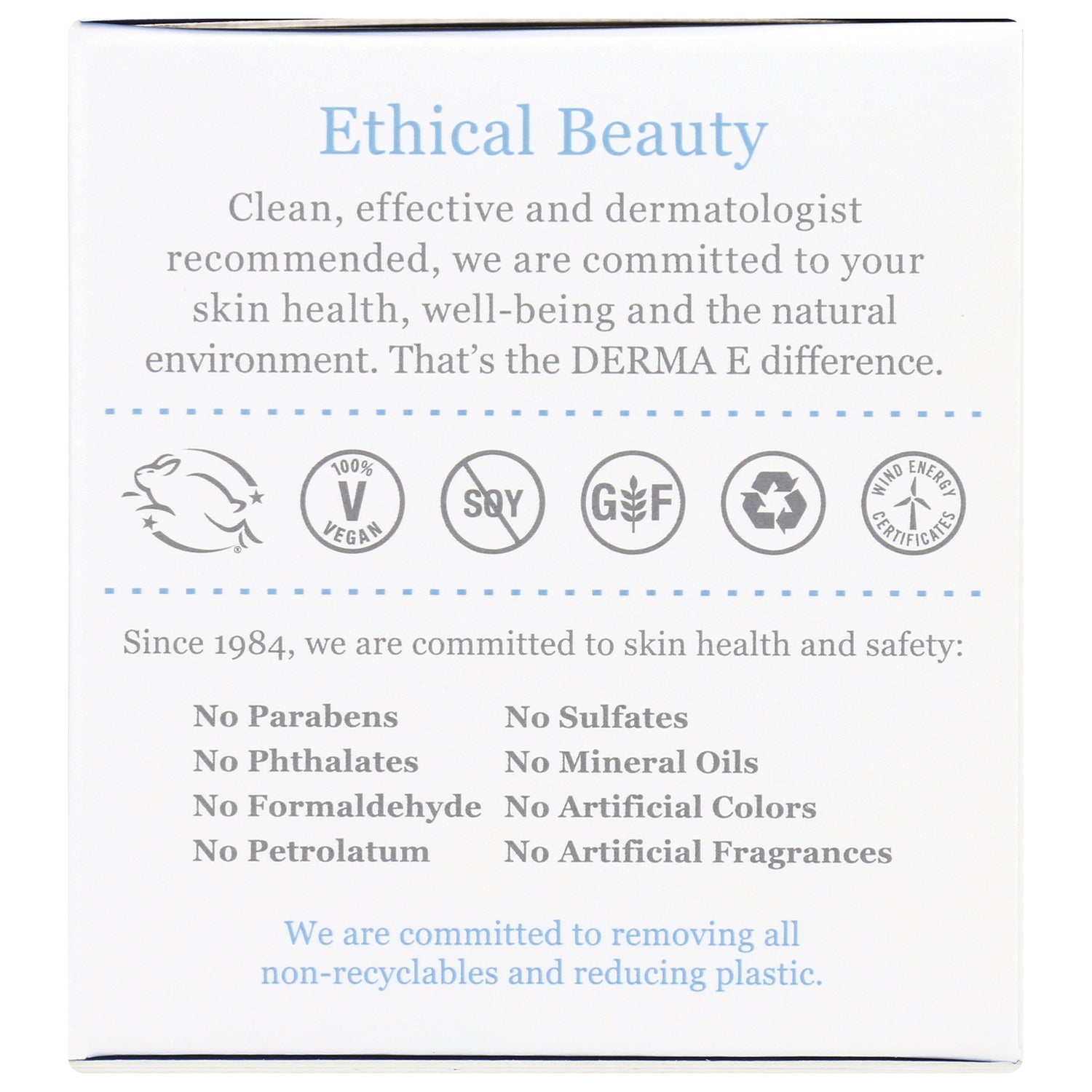 DE036 | Packaging panel titled Ethical Beauty with vegan and recyclable icons and list of no parabens sulfates phthalates