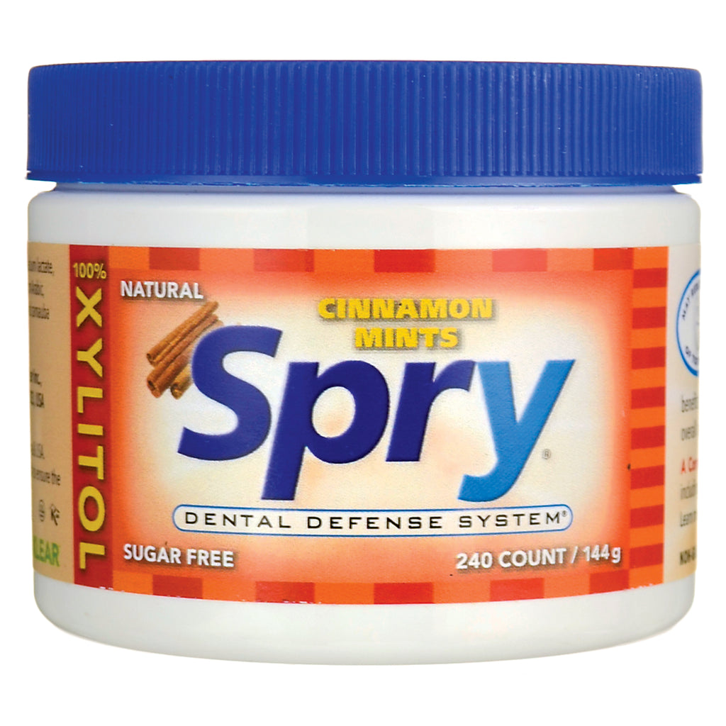 XL040 | Spry Cinnamon Mints jar, xylitol sugar free, 240 count 144 g, Dental Defense System front label - Thumbnail