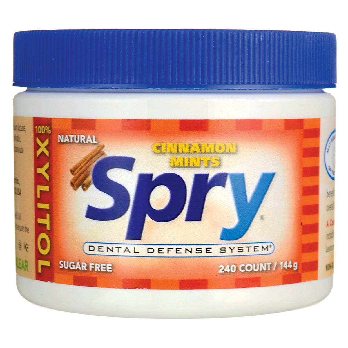 XL040 | Spry Cinnamon Mints jar, xylitol sugar free, 240 count 144 g, Dental Defense System front label
