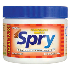 XL040 | Spry Cinnamon Mints jar, xylitol sugar free, 240 count 144 g, Dental Defense System front label