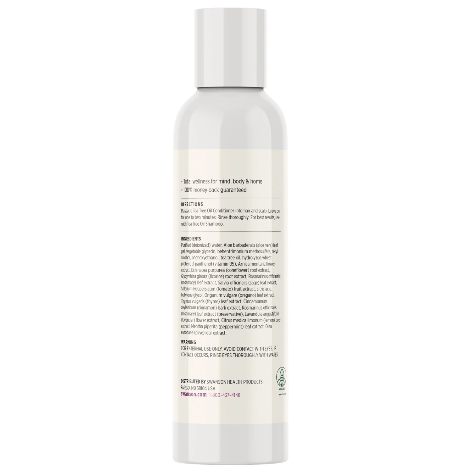 SWU753 | Back label with ingredients, directions, and warning for Tea Tree Oil Conditioner
