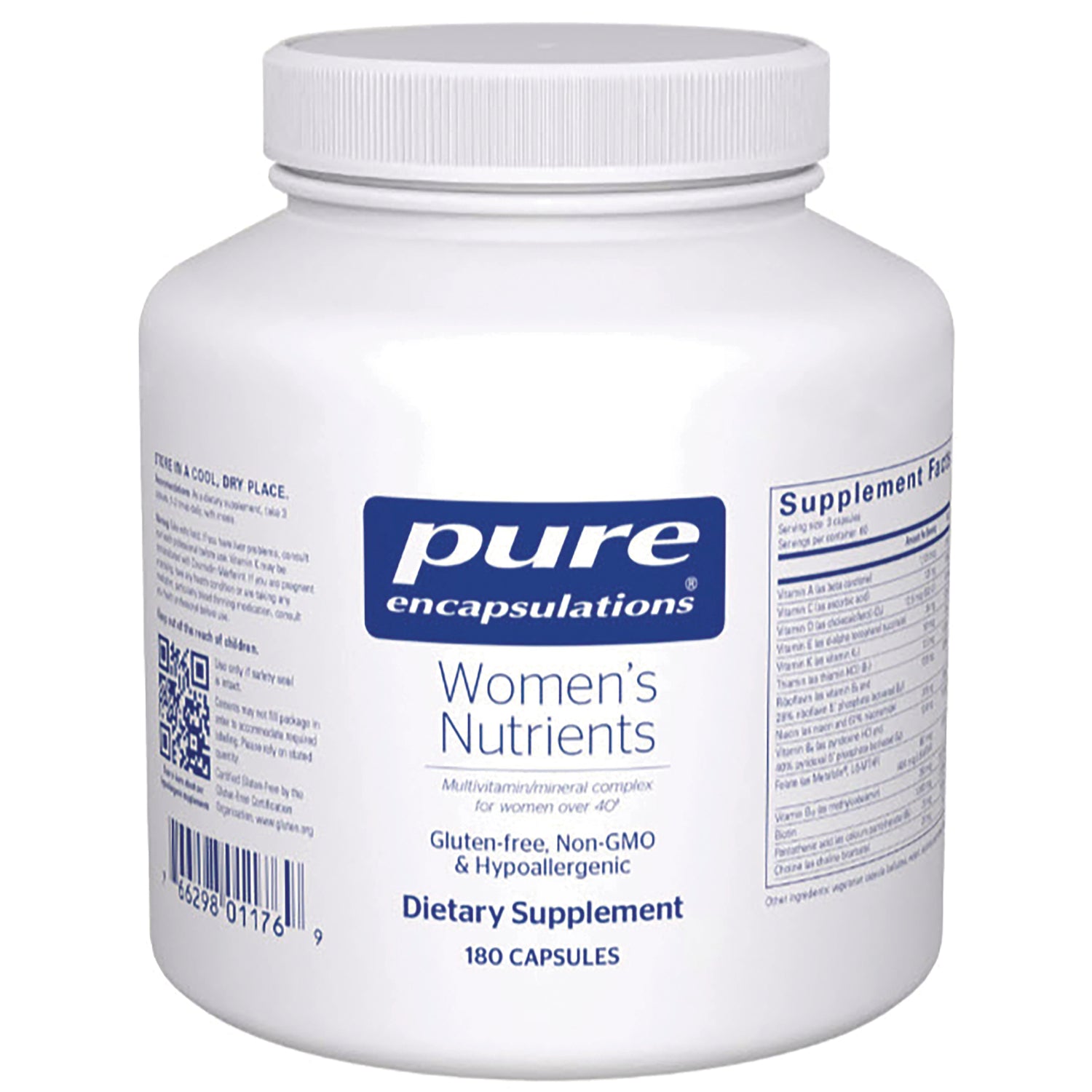 PRN082 | white jar of Pure Encapsulations Women's Nutrients dietary supplement 180 capsules front label