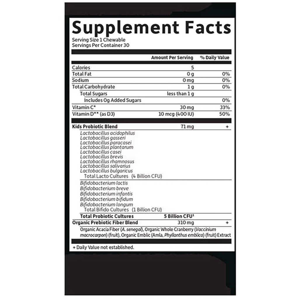 GLF385 | supplement facts panel showing Serving Size 1 Chewable, vitamin C 30 mg, vitamin D3 10 mcg, probiotic and prebiotic blends - Thumbnail