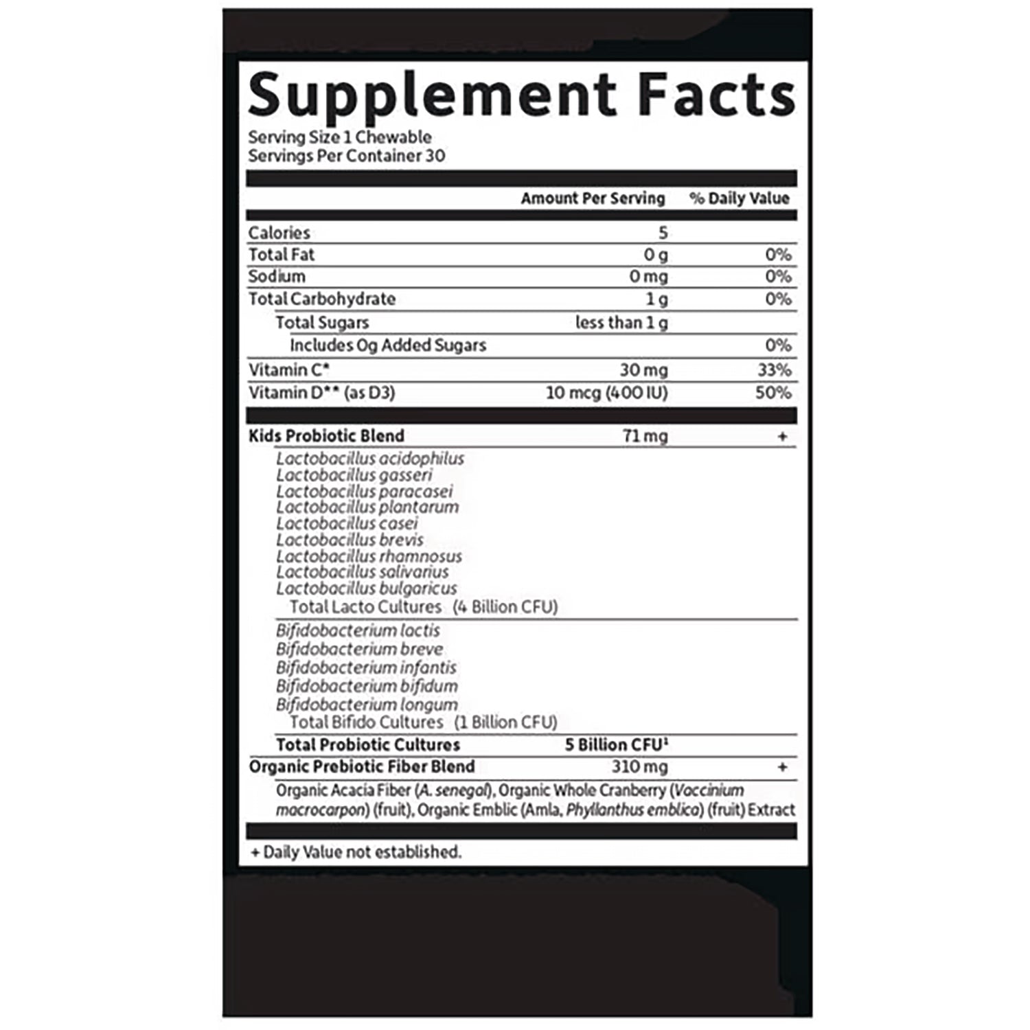 GLF385 | supplement facts panel showing Serving Size 1 Chewable, vitamin C 30 mg, vitamin D3 10 mcg, probiotic and prebiotic blends