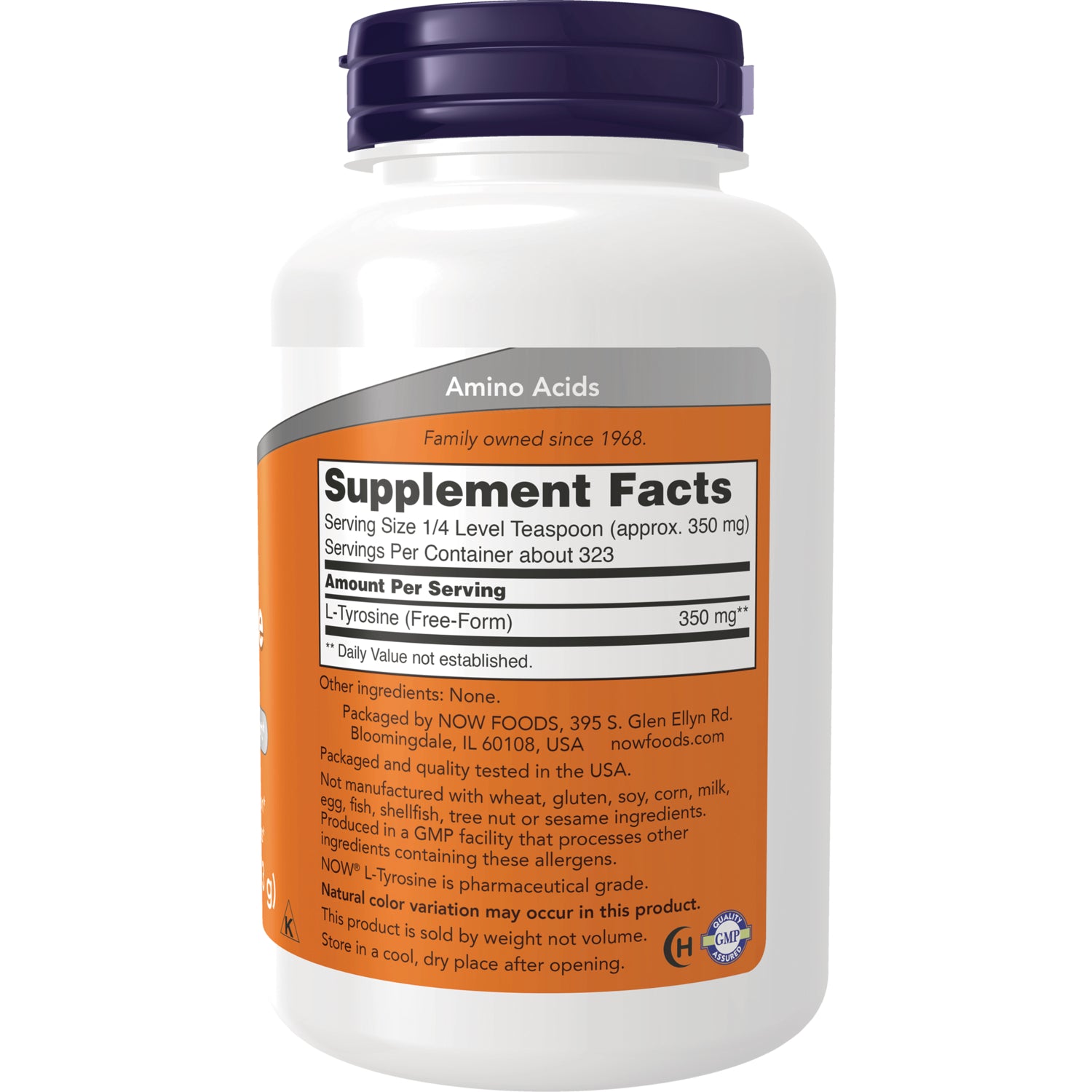 NWF769 | Back label of white supplement bottle showing Supplement Facts and L-Tyrosine 350 mg