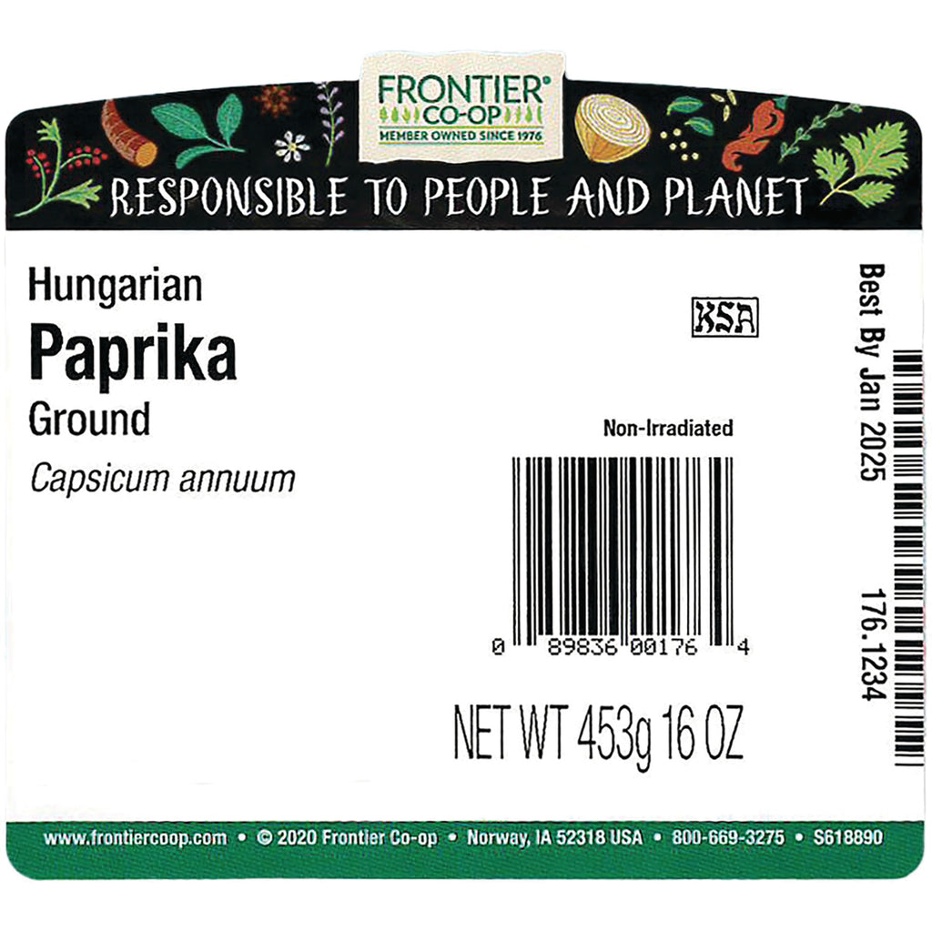 FNP054 | Back label: Frontier Co-op Hungarian Paprika ground with barcode, NET WT 453g 16 OZ and Best By Jan 2025 - Thumbnail