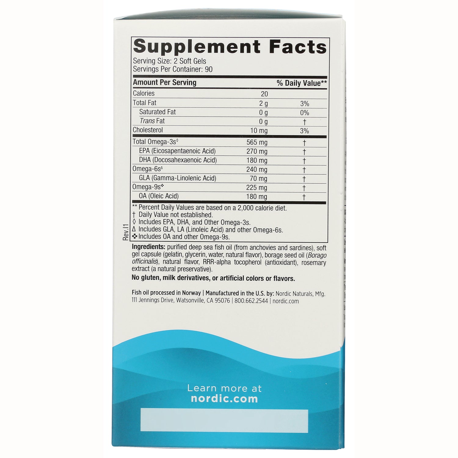 NRN023 | back panel showing Supplement Facts table and ingredient list for fish oil soft gels