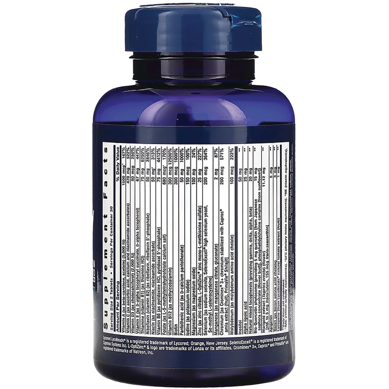 LE563 | back of blue supplement bottle showing Supplement Facts nutrition label