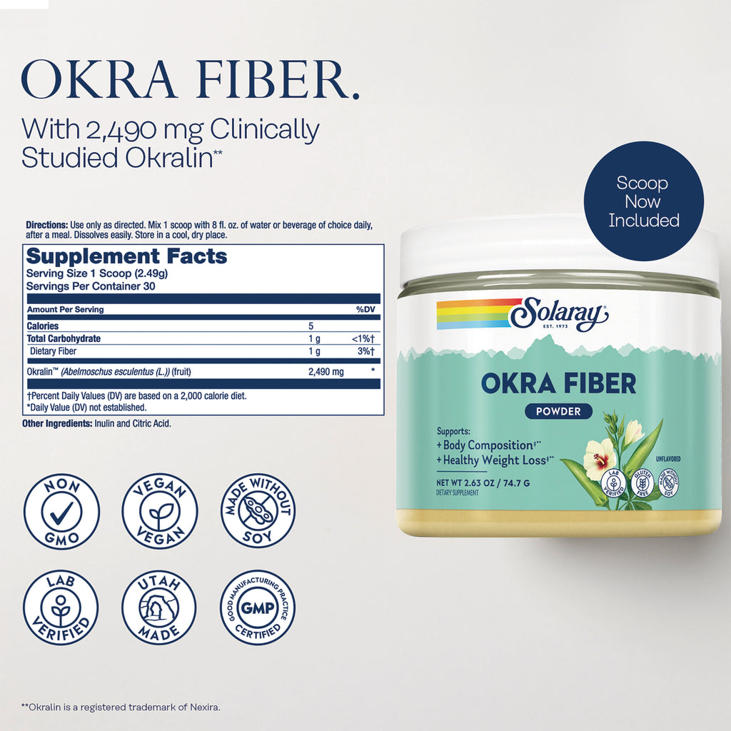 SLR546 | Okra Fiber powder back label with Supplement Facts; vegan, non-GMO, made without soy; scoop included - Thumbnail