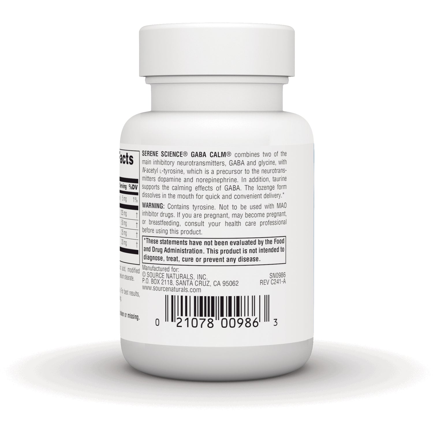 SN384 | Back label of Source Naturals GABA Calm supplement bottle with directions, warnings, and barcode