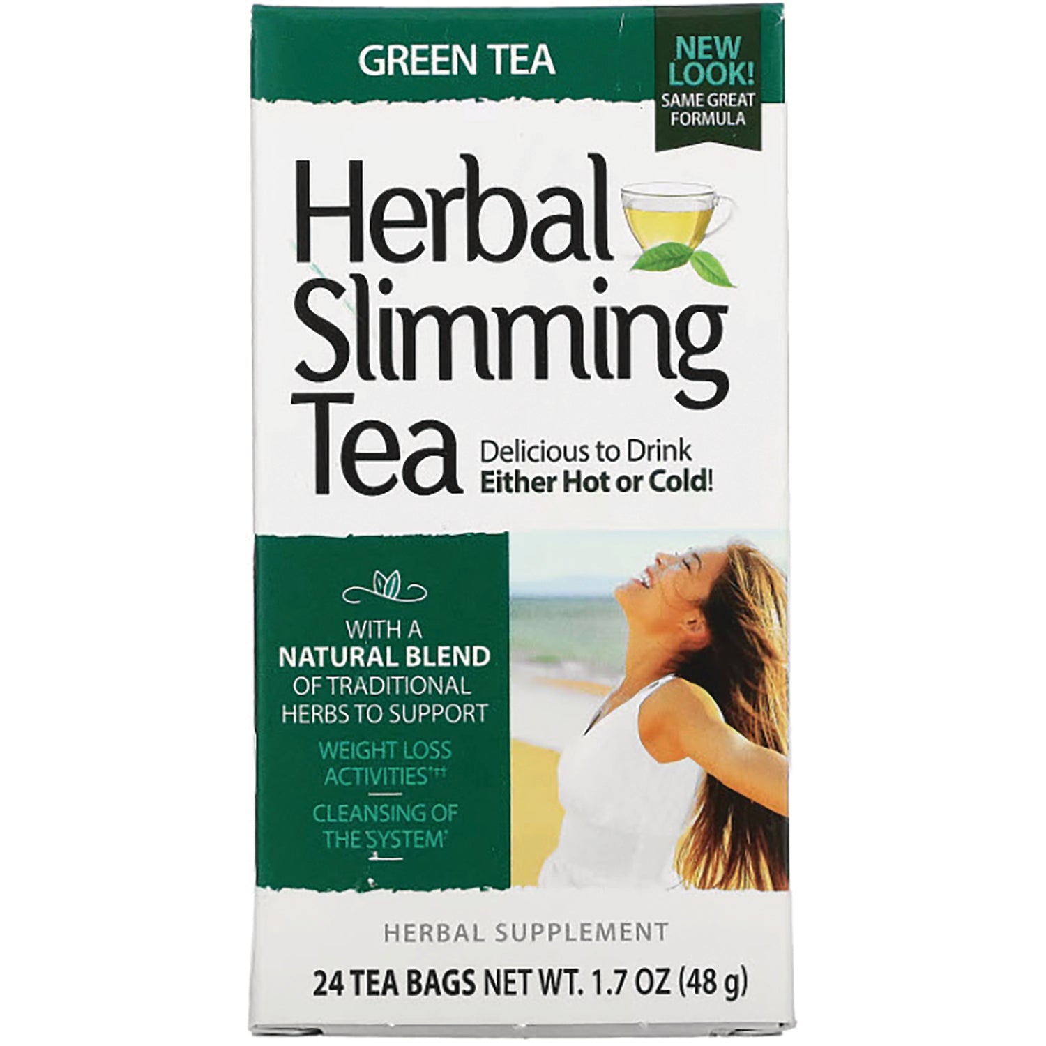 CNT149 | Herbal Slimming Tea green tea box showing product name, 24 tea bags and woman on beach