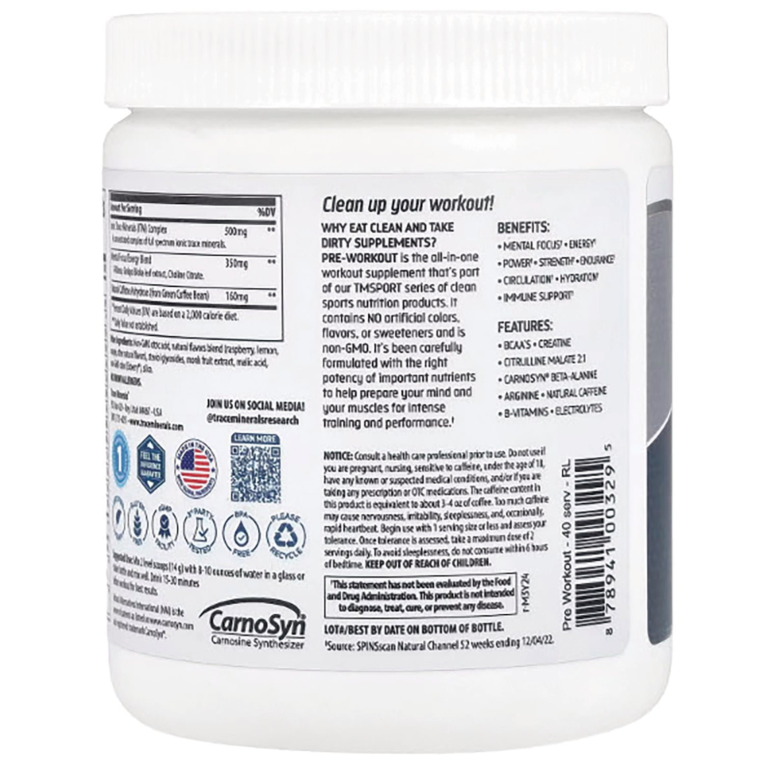 TM063 | Back label of pre-workout supplement tub showing Supplement Facts, benefits, features, and barcode