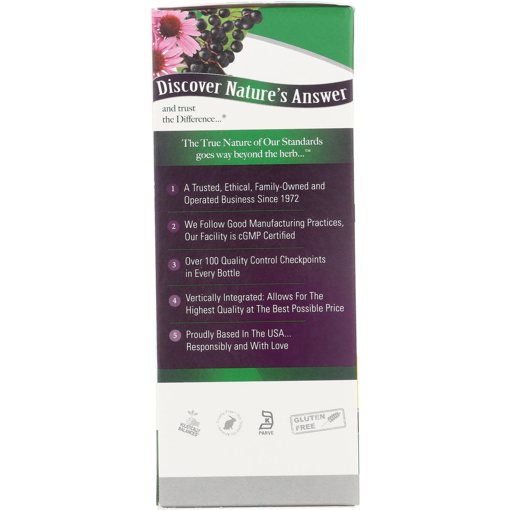 NAT121 | Back of supplement box listing company standards, five bullet points and certification icons including Gluten Free - Thumbnail