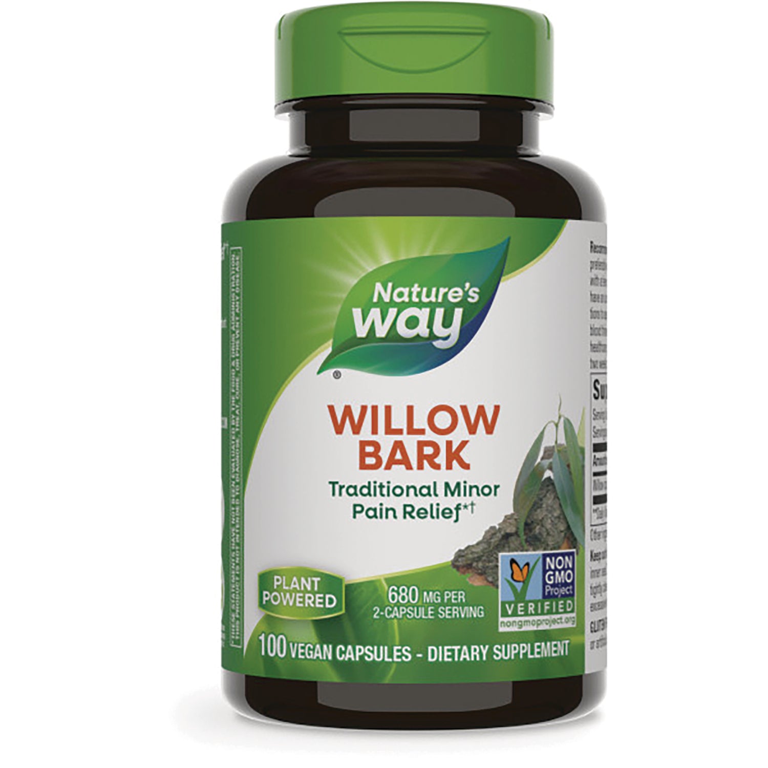 NW175 | Nature's Way Willow Bark dietary supplement bottle front label with green cap, 100 vegan capsules