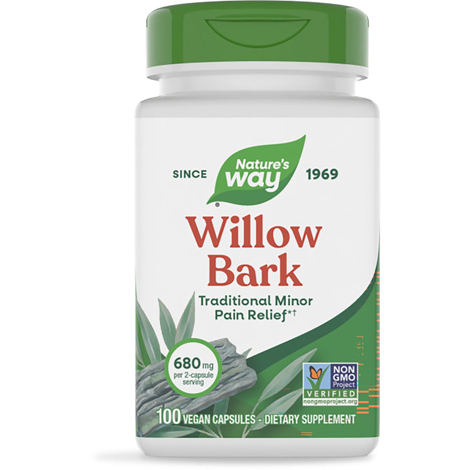 NW175 | Nature's Way Willow Bark dietary supplement bottle front label with green cap, 100 vegan capsules