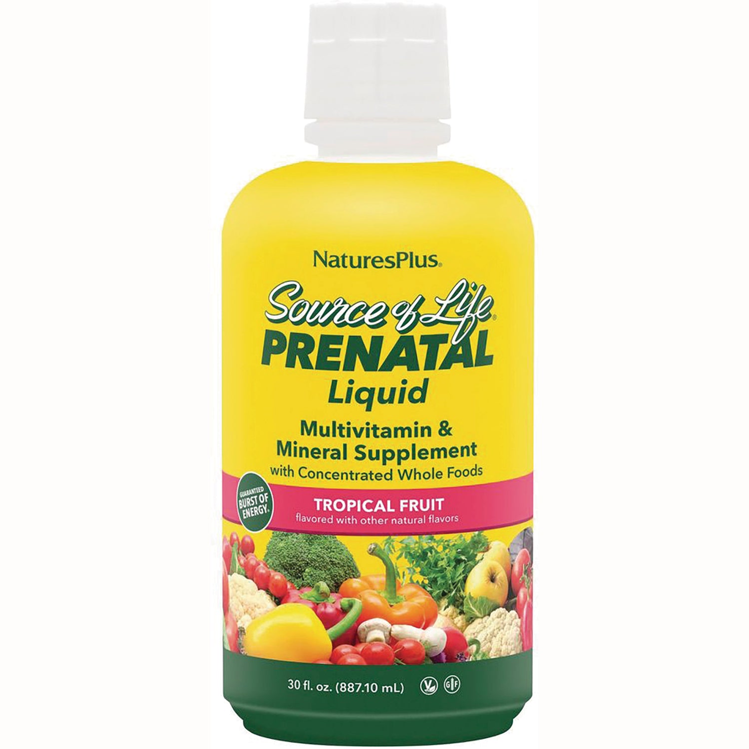 NTP049 | NaturesPlus Source of Life Prenatal Liquid multivitamin and mineral supplement bottle, tropical fruit flavor