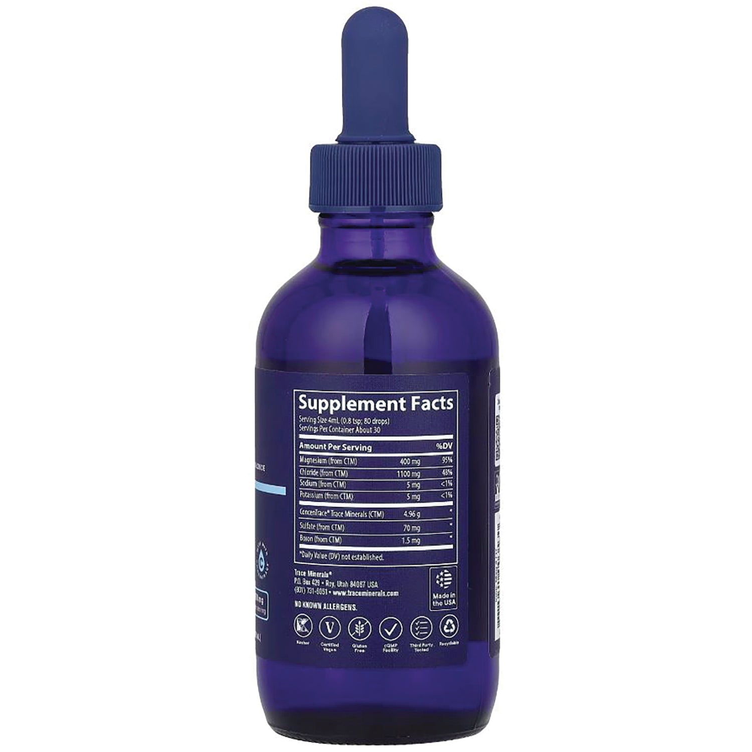 TM080 | Blue dropper bottle back label with Supplement Facts panel