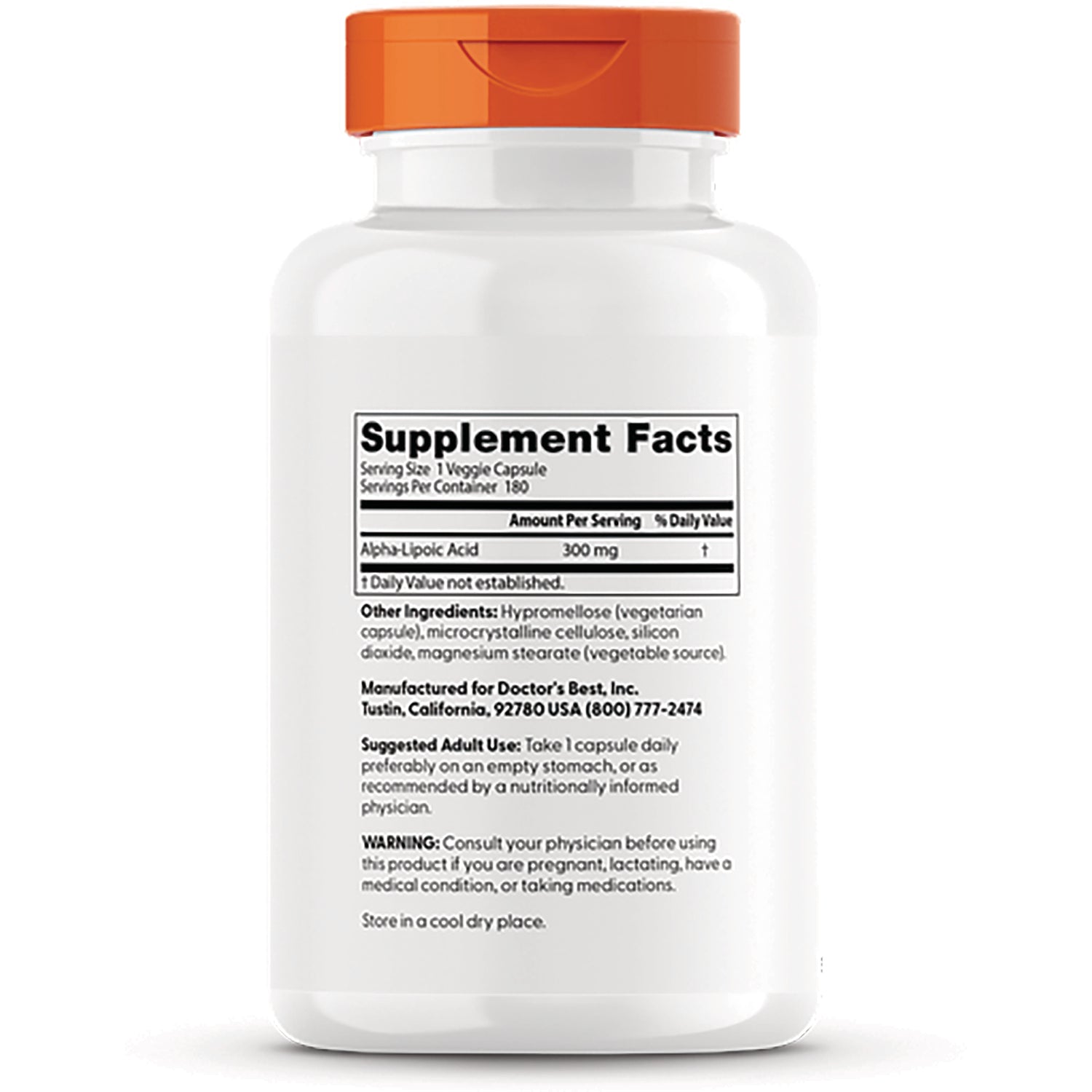 DB197 | Back of white supplement bottle showing Supplement Facts label with Alpha-Lipoic Acid 300 mg and ingredients