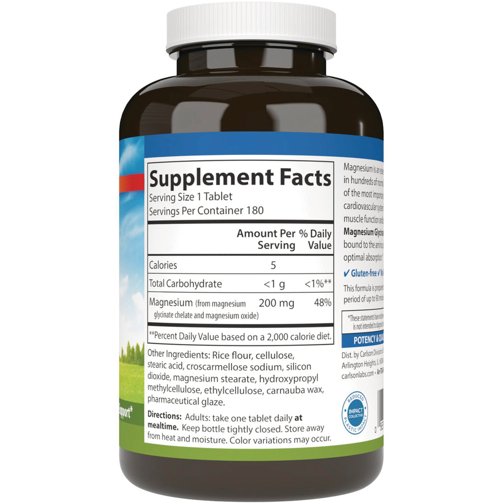 CSN314 | back label showing Supplement Facts panel listing Serving Size 1 Tablet, Magnesium 200 mg and other ingredients - Thumbnail