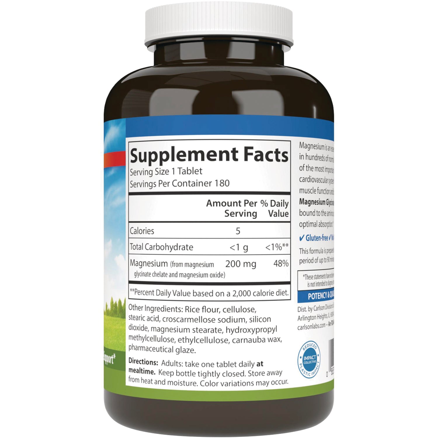 CSN314 | back label showing Supplement Facts panel listing Serving Size 1 Tablet, Magnesium 200 mg and other ingredients